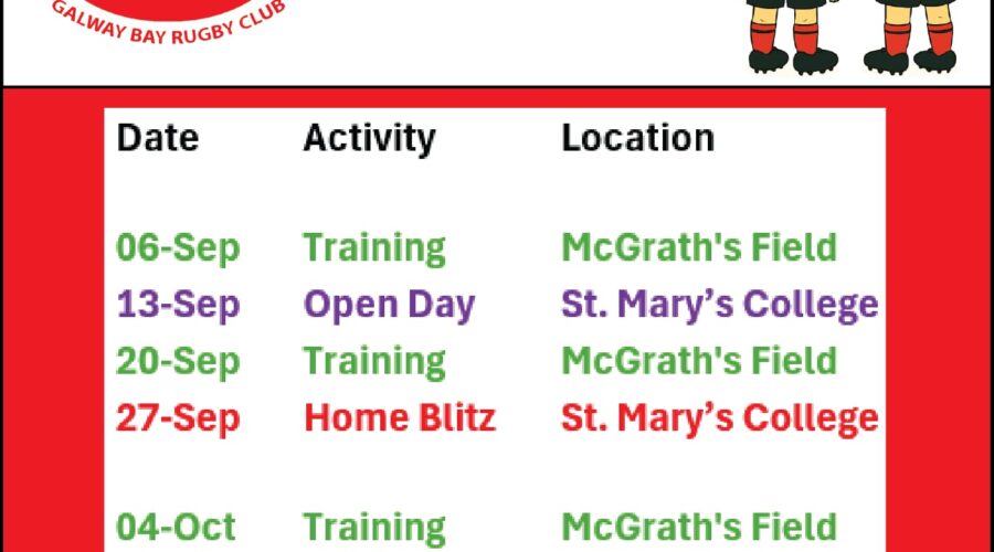 Galway Bay Rugby Club – Autumn Training & Fixtures