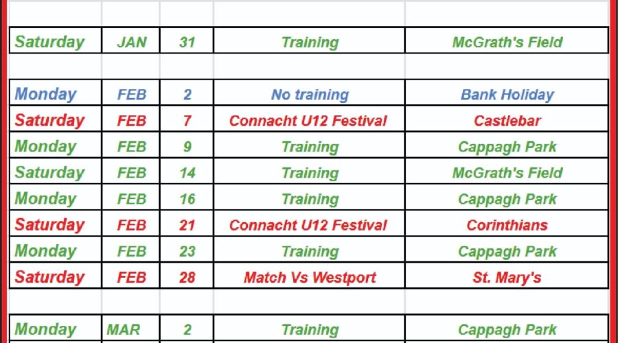 Galway Bay RFC U12 Fixtures – January to March 2026
